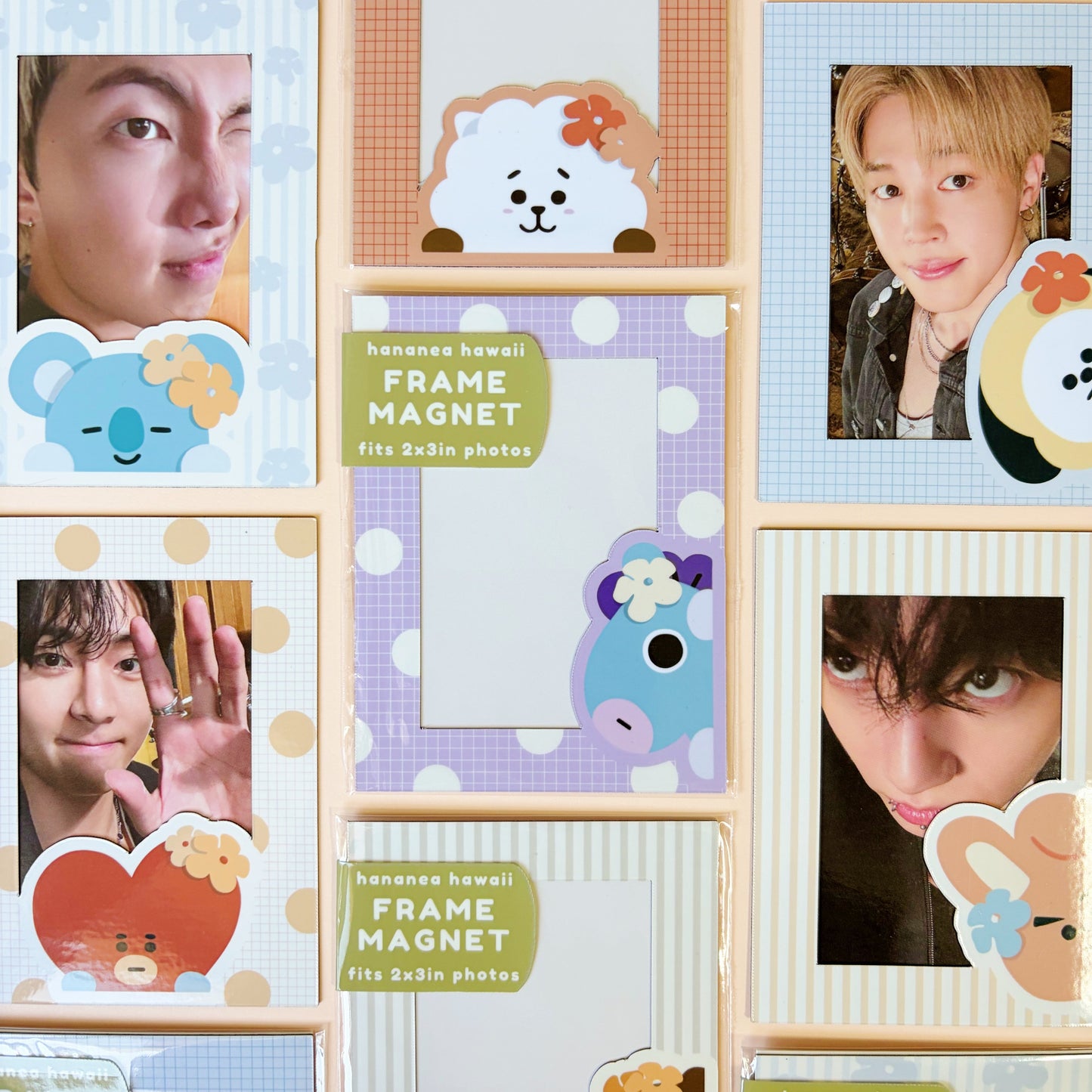 A collage of cute cartoon frame magnets and photo frames, with several sample photos inserted.