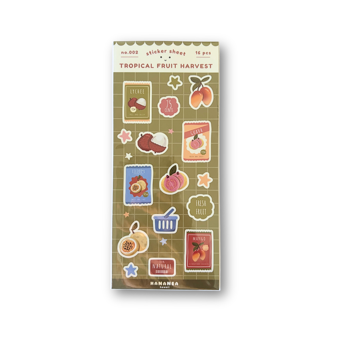 A package of 'Tropical Fruit Harvest' featuring various illustrated tropical fruits, stars, and labels on a beige and olive background.