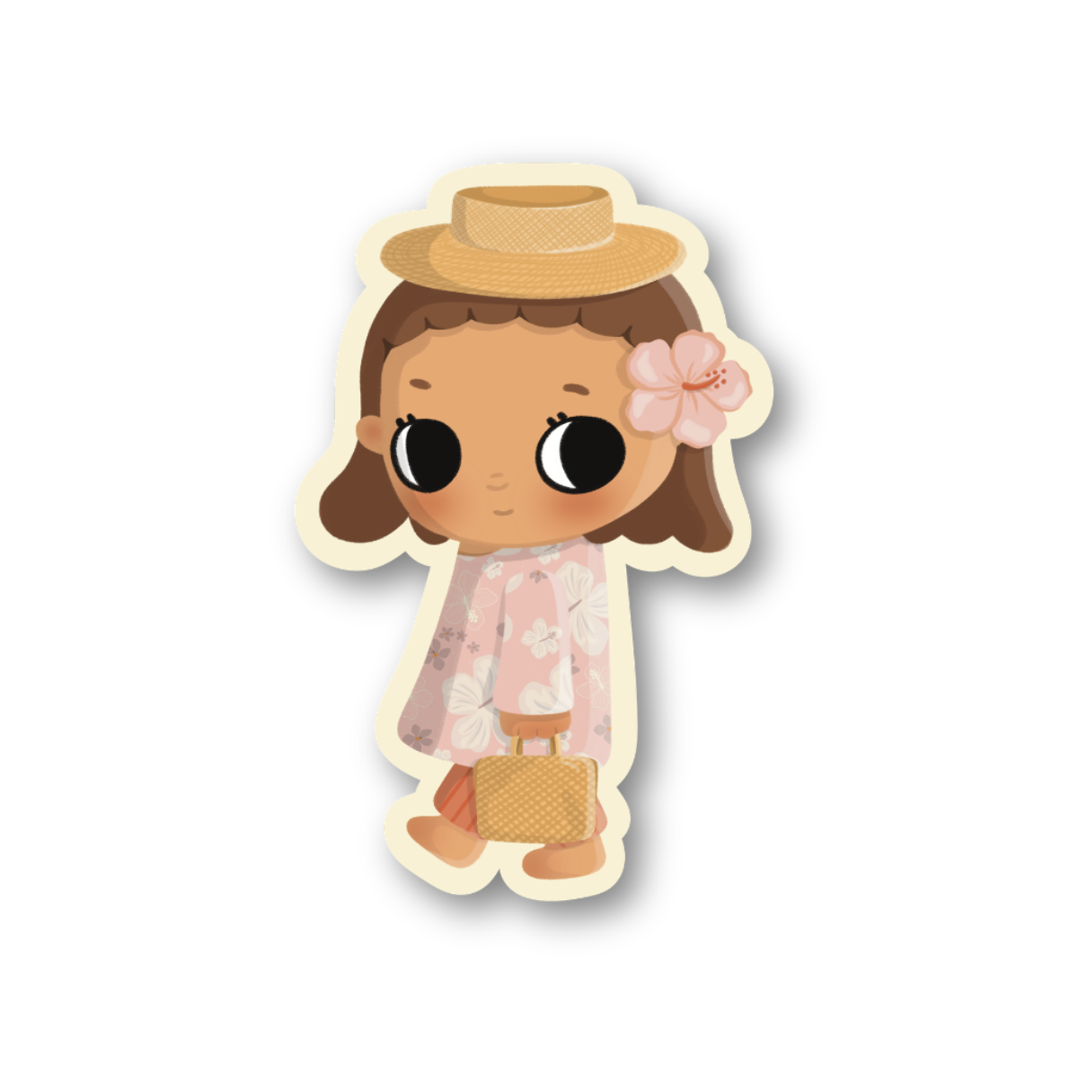 Character with a papale and lauhala tote bag.