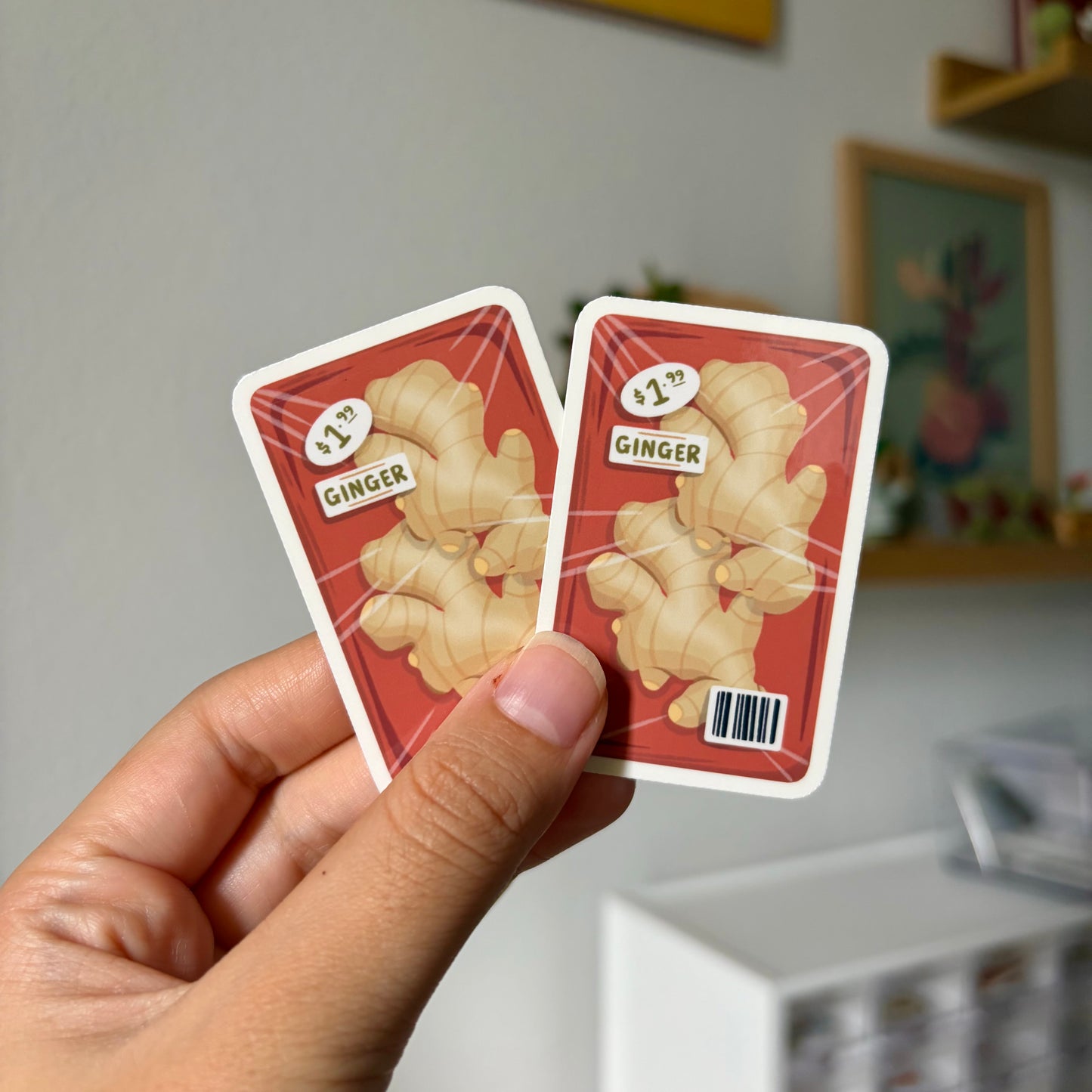 Two ginger root stickers held by a hand with a blurred indoor background