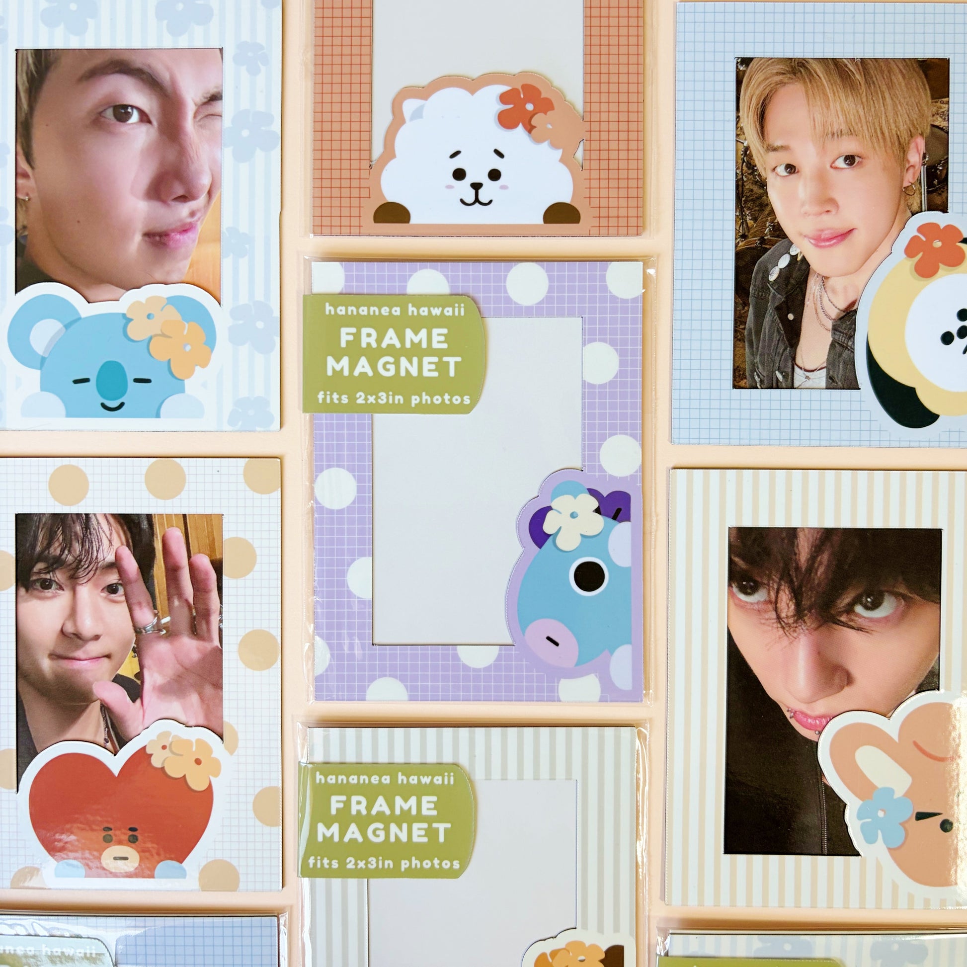 A collage of cute cartoon frame magnets and photo frames, with several sample photos inserted. 