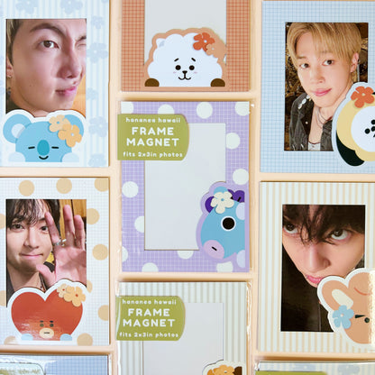 A collage of cute cartoon frame magnets and photo frames, with several sample photos inserted. 