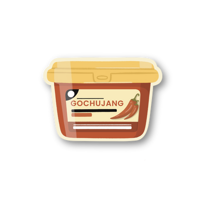 Sticker of a container labeled 'Gochujang' on a white background