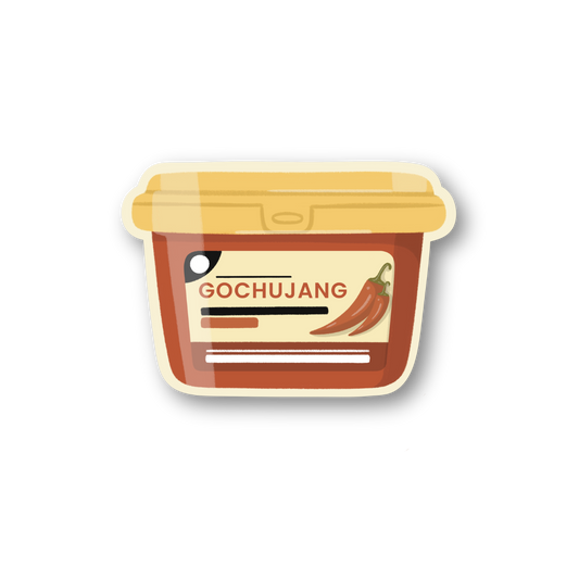 Sticker of a container labeled 'Gochujang' on a white background