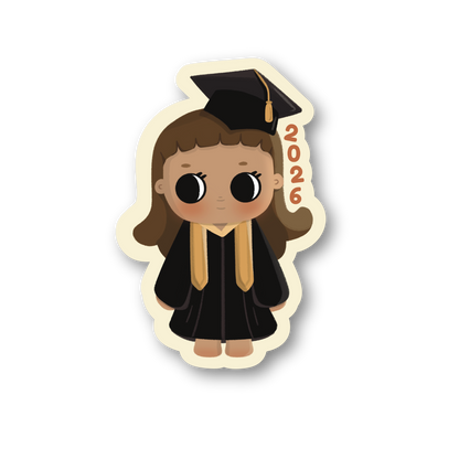 Sticker of a person in a graduation gown and cap with '2026' on a white background
