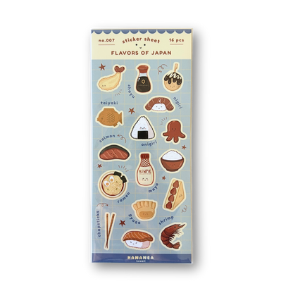 Sticker sheet packaging with illustrations of Japanese food on a light blue background