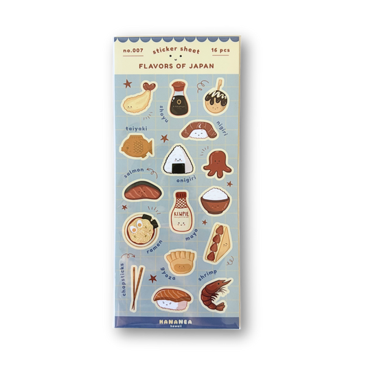 Sticker sheet packaging with illustrations of Japanese food on a light blue background