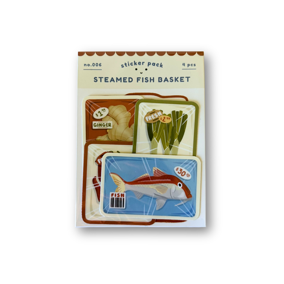Sticker pack with fish and food illustrations on a white background