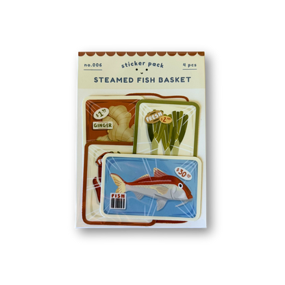 Sticker pack with fish and food illustrations on a white background
