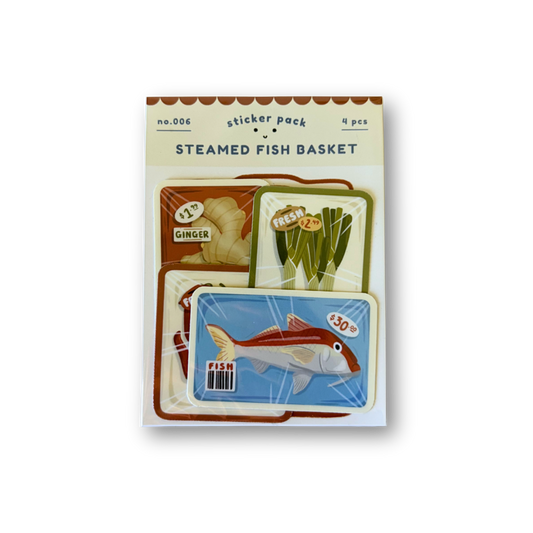 Sticker pack with fish and food illustrations on a white background
