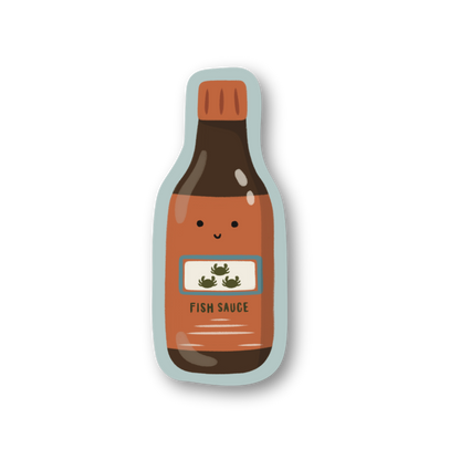 Sticker of a fish sauce bottle with a smiling face on a white background