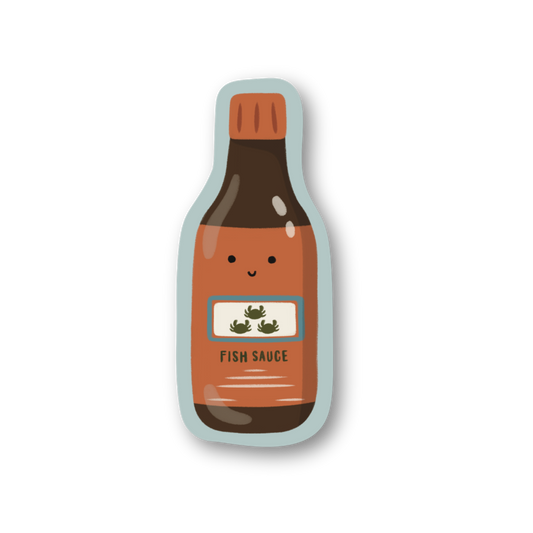 Sticker of a fish sauce bottle with a smiling face on a white background
