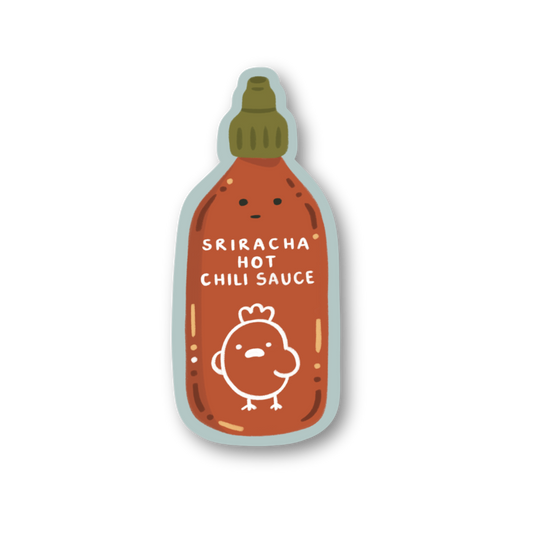 Sticker of a Sriracha hot chili sauce bottle with a cartoon chicken on a white background