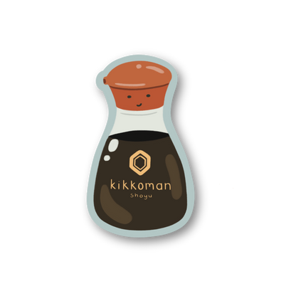 Sticker of a Kikkoman soy sauce bottle on a white background