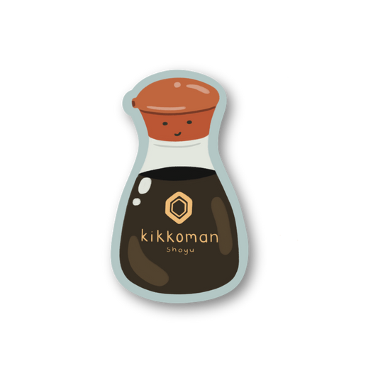 Sticker of a Kikkoman soy sauce bottle on a white background