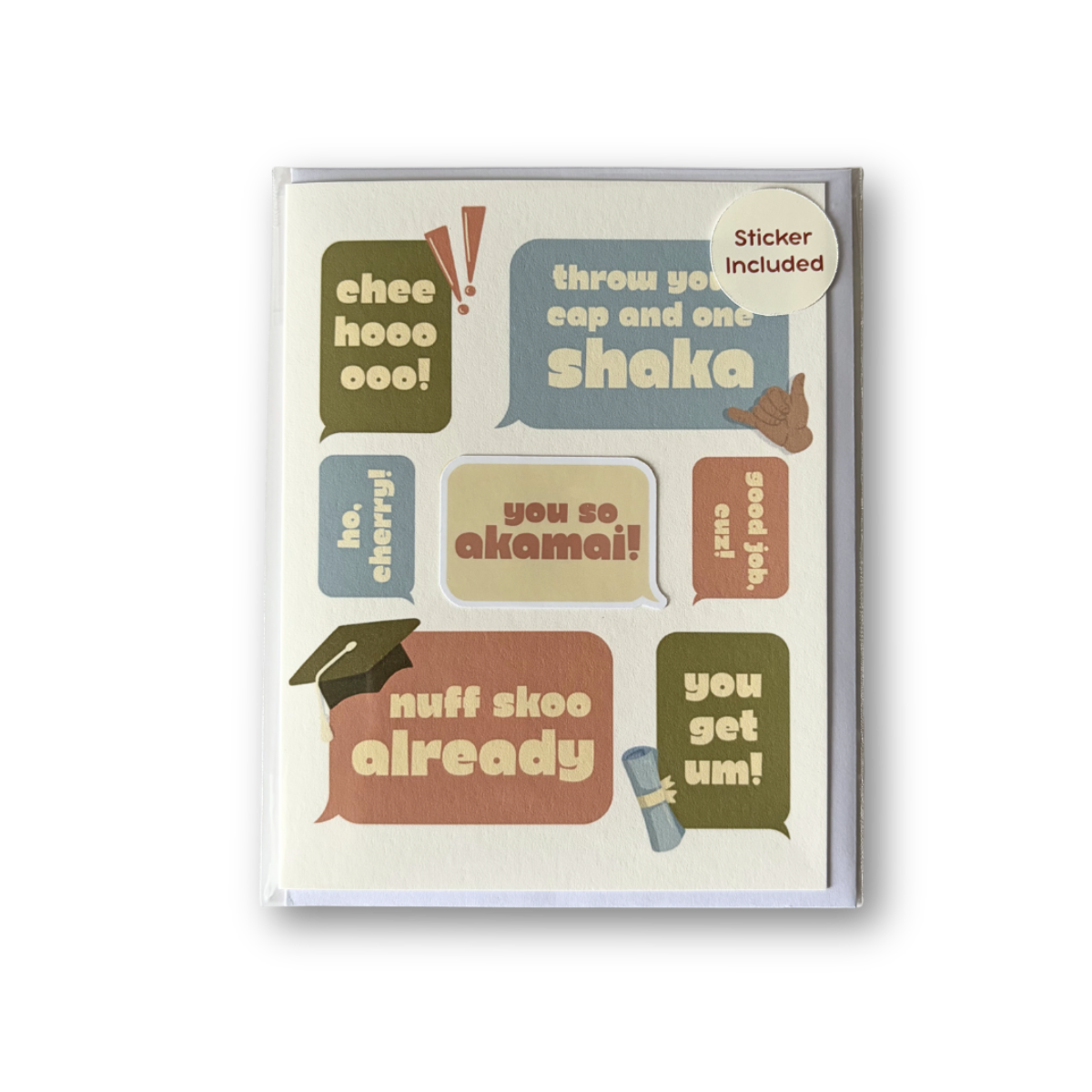 Packaging of a card with colorful text bubbles and stickers on a white background