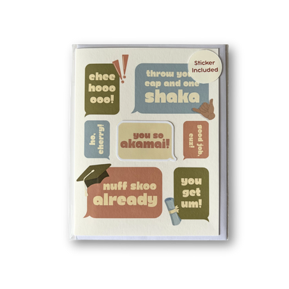Packaging of a card with colorful text bubbles and stickers on a white background