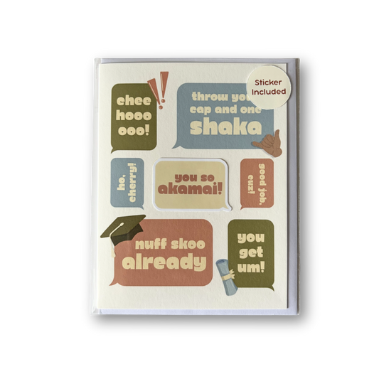 Packaging of a card with colorful text bubbles and stickers on a white background