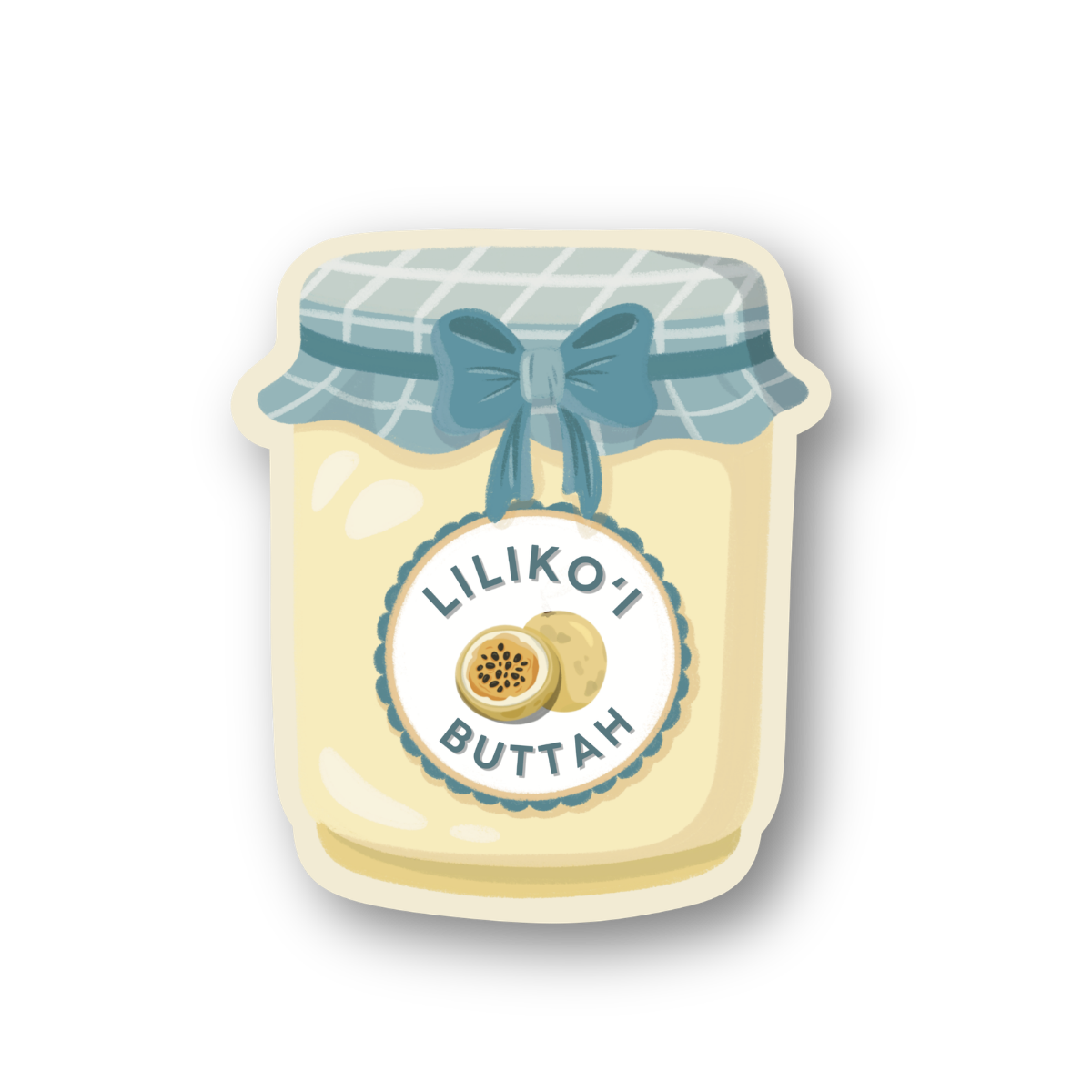Sticker of a jar labeled 'Lilikoi Buttah' with a blue ribbon on a white background
