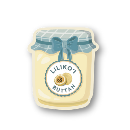Sticker of a jar labeled 'Lilikoi Buttah' with a blue ribbon on a white background
