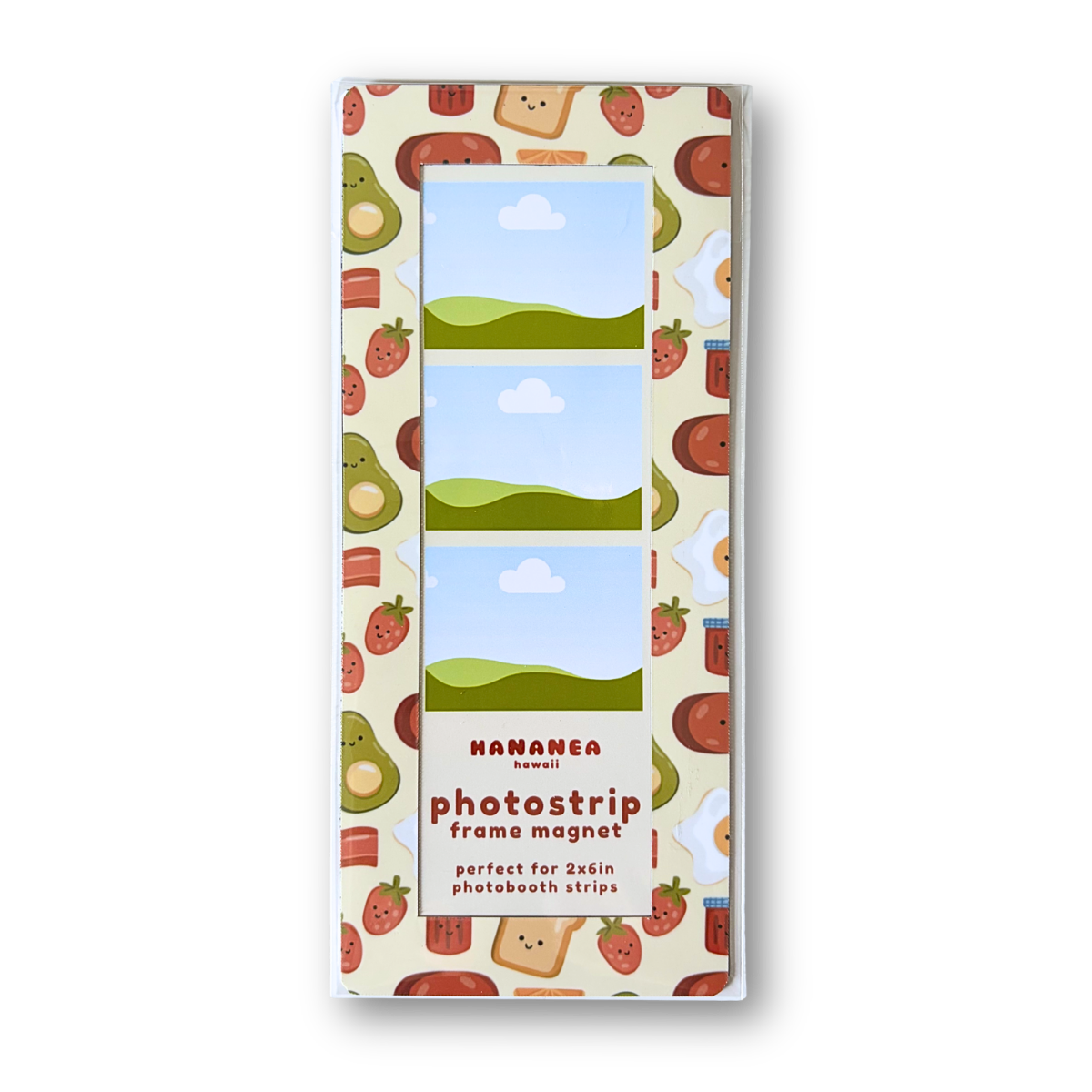 Packaging of a photo strip frame magnet with a colorful design on a white background