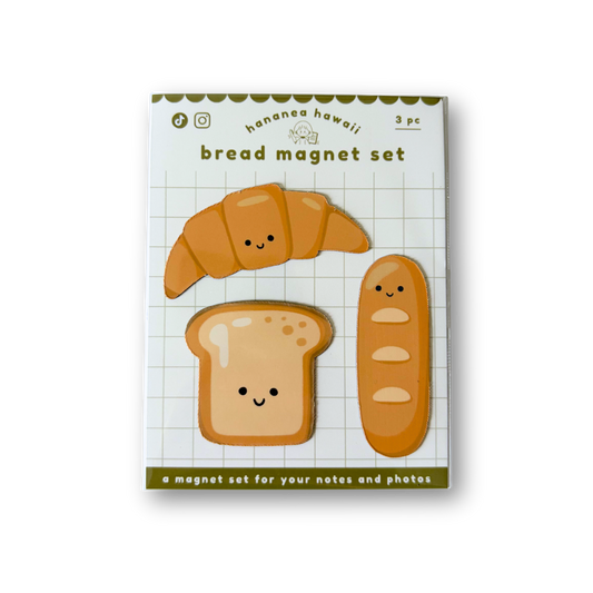 Packaging of a bread magnet set with cute illustrations on a white background