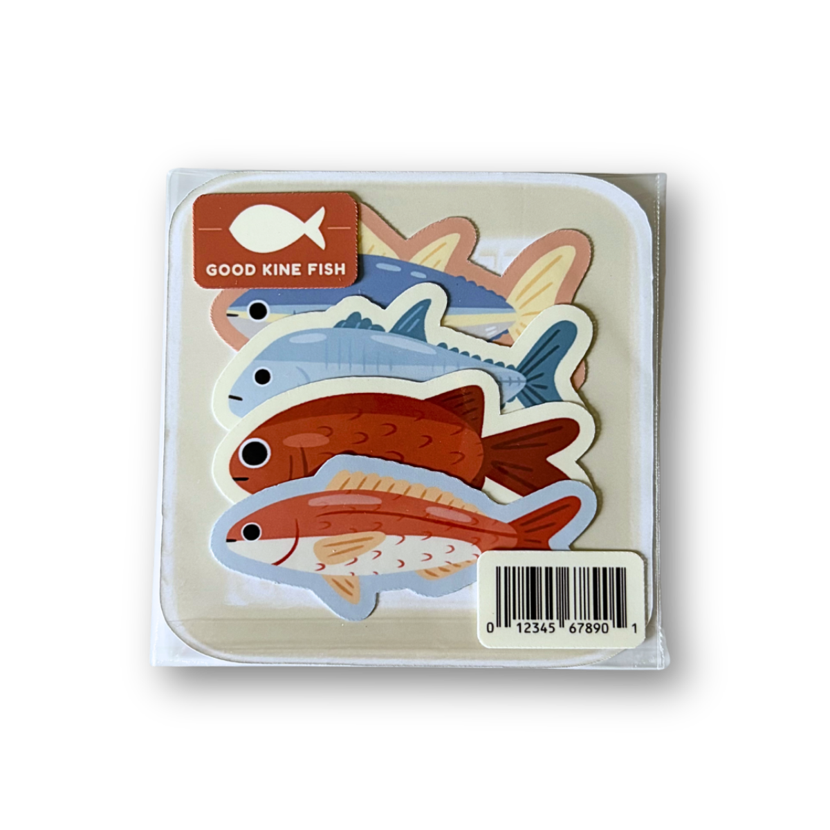 Packaged toy fish with 'Good Kine Fish' branding on a white background