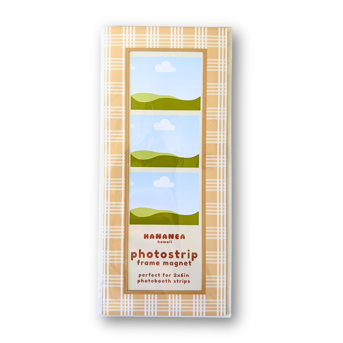 Photostrip frame magnet packaging with plaid design on a white background
