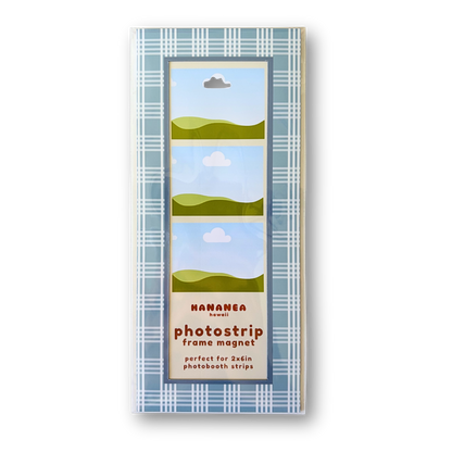 Photostrip frame magnet packaging with plaid design on a white background