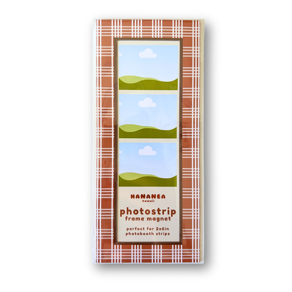 Photostrip frame magnet packaging with plaid design on a white background