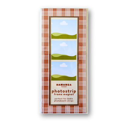 Photostrip frame magnet packaging with plaid design on a white background