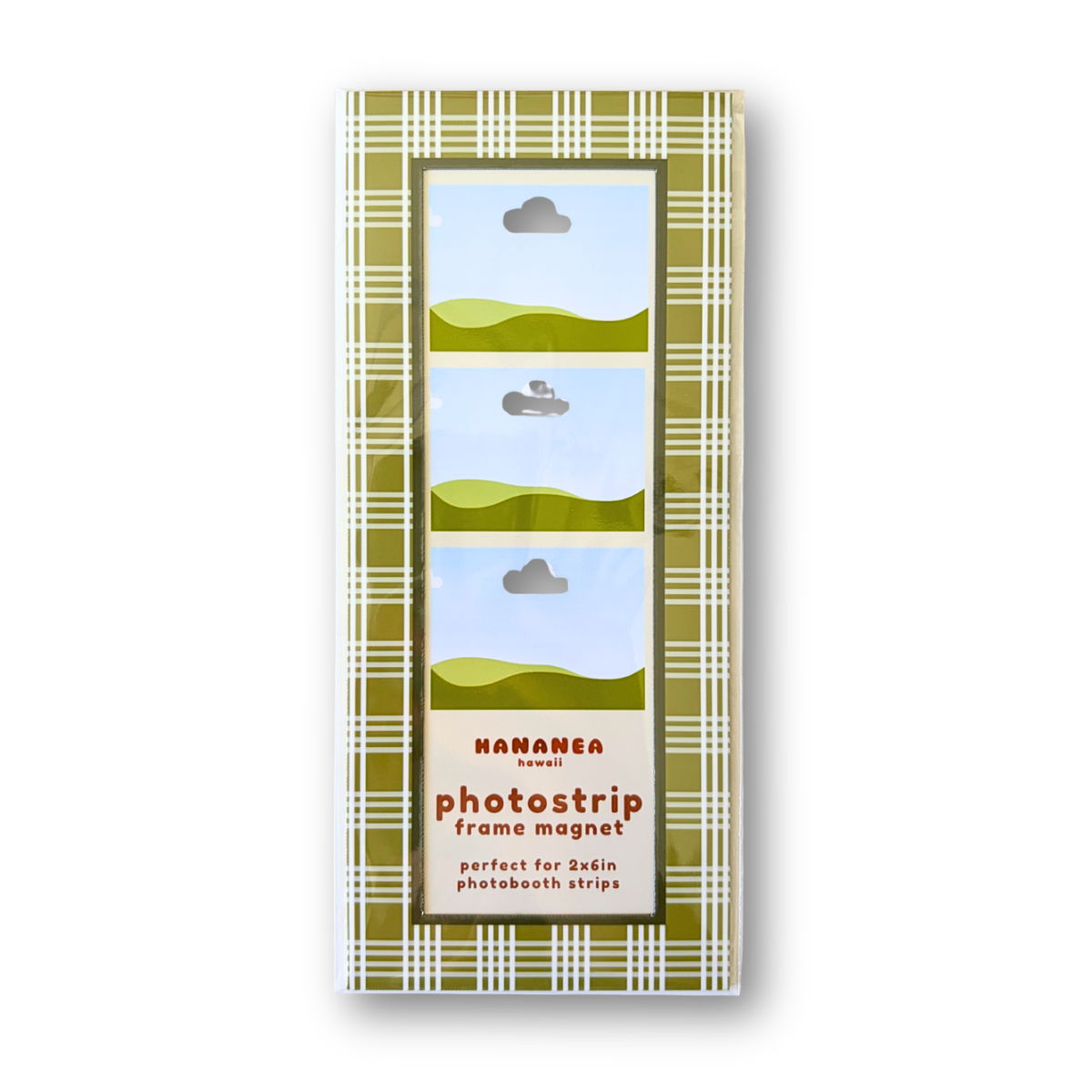 Photostrip frame magnet packaging with plaid design on a white background