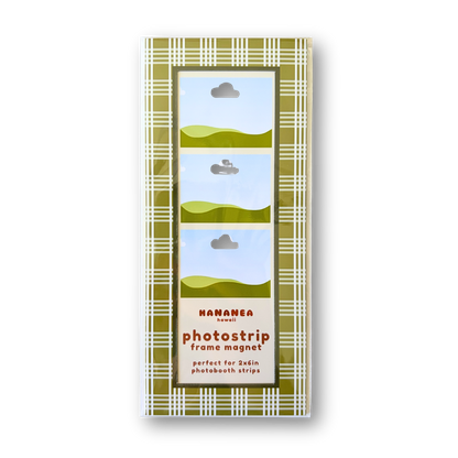 Photostrip frame magnet packaging with plaid design on a white background