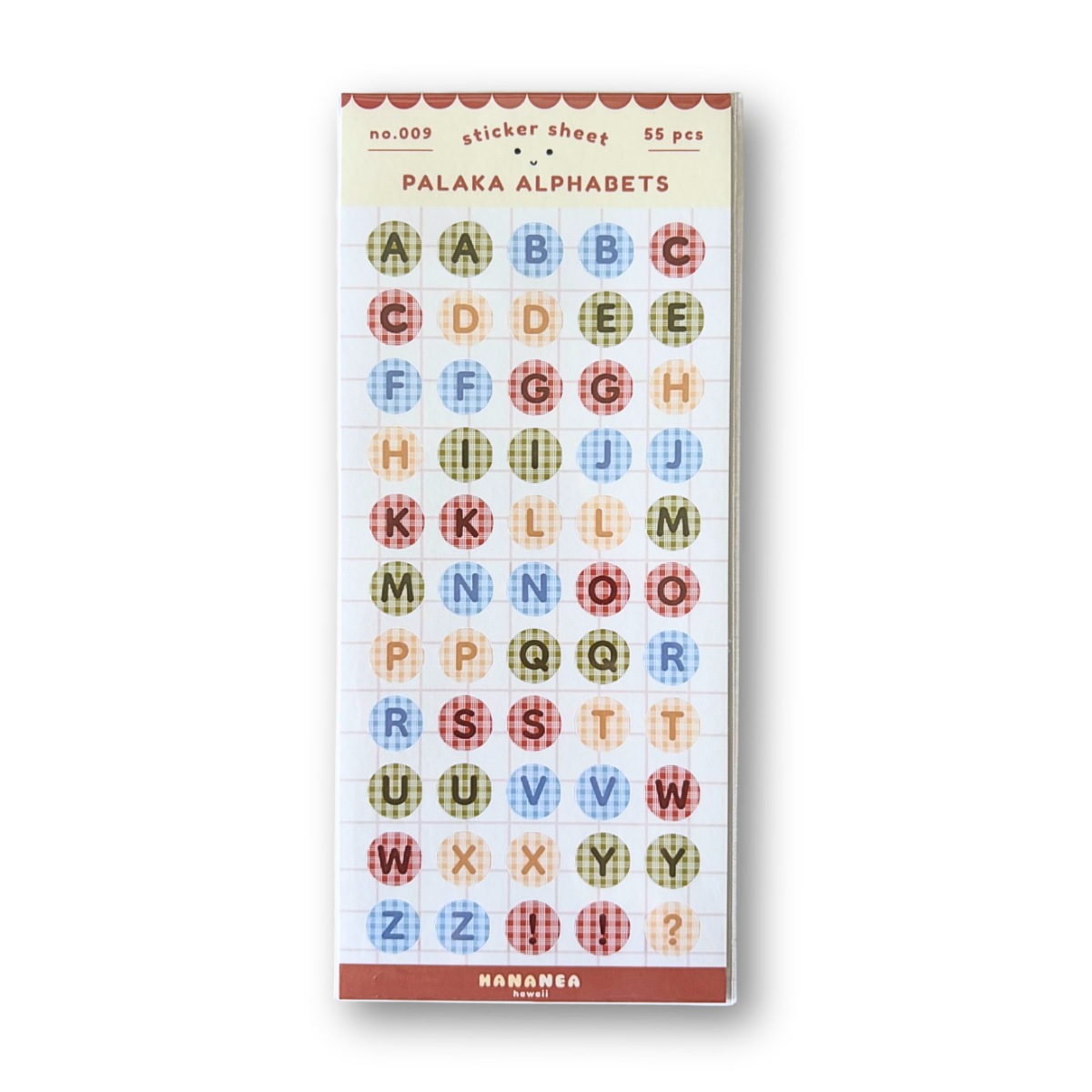 Packaged colorful alphabet stickers by Palaka Alphabets on a white background