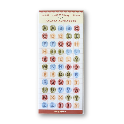 Packaged colorful alphabet stickers by Palaka Alphabets on a white background