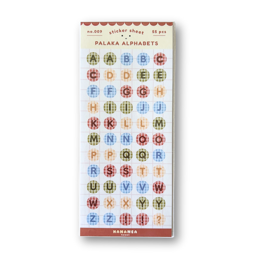 Packaged colorful alphabet stickers by Palaka Alphabets on a white background
