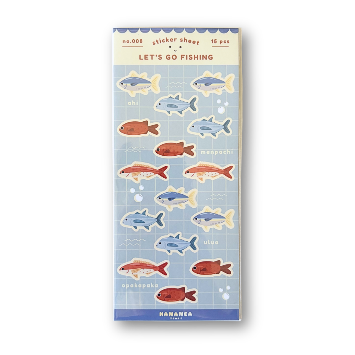 Sticker sheet with fish illustrations on a blue background