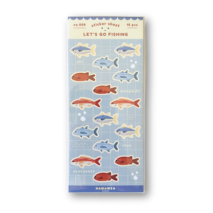 Sticker sheet with fish illustrations on a blue background