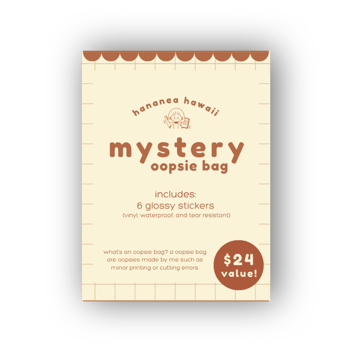 Packaging for a mystery oopsie bag with stickers, featuring a brand logo on a white background.