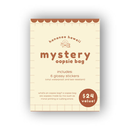 Packaging for a mystery oopsie bag with stickers, featuring a brand logo on a white background.