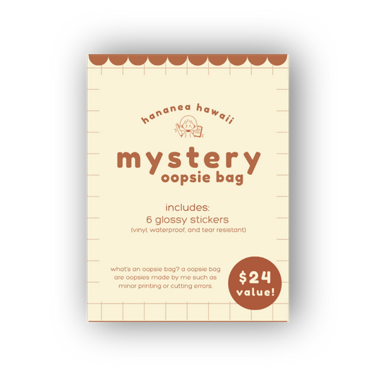 Packaging for a mystery oopsie bag with stickers, featuring a brand logo on a white background.