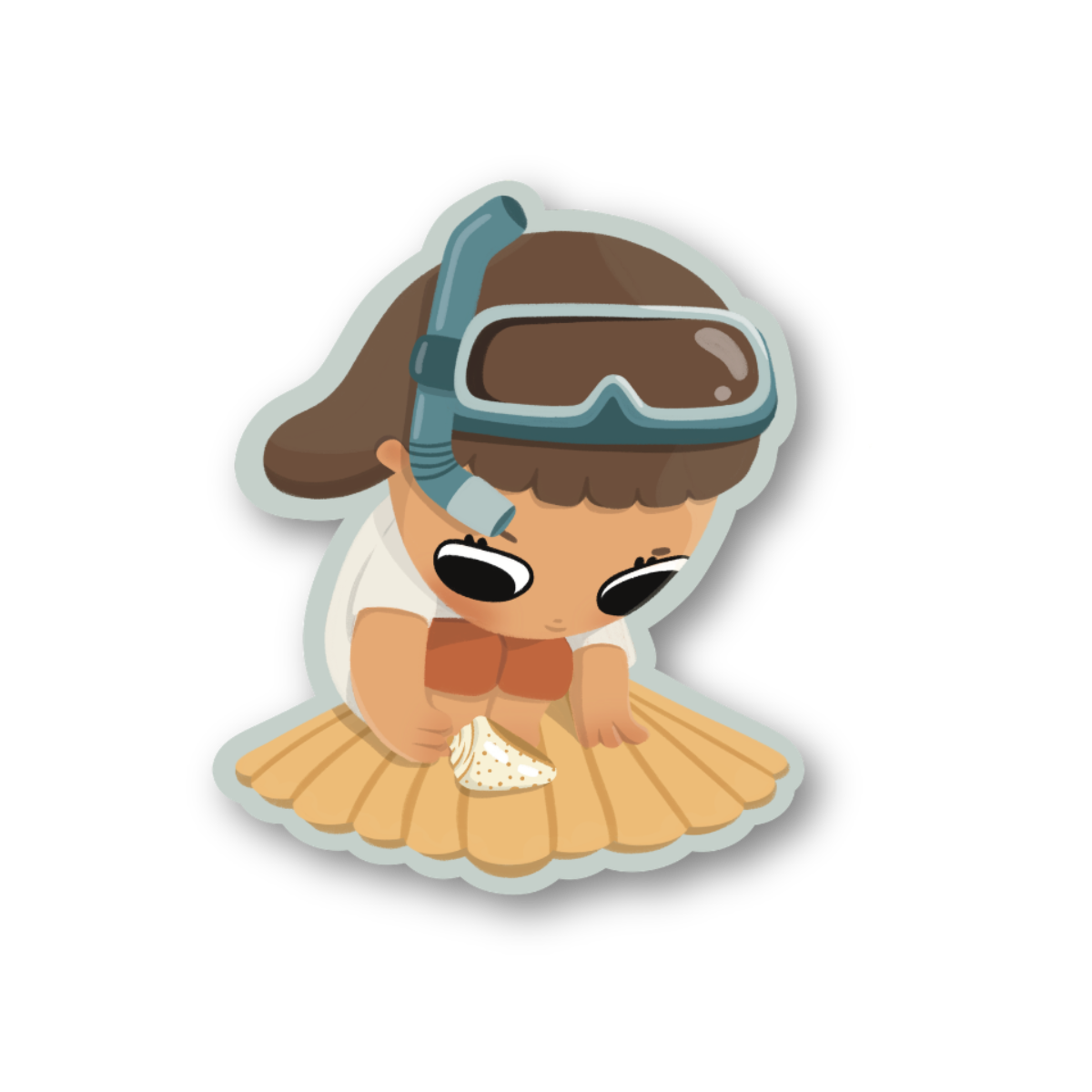 character with snorkle goggles looking at a shell