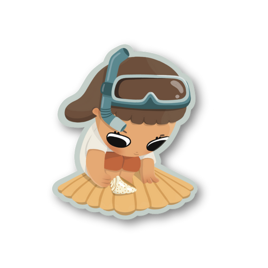 character with snorkle goggles looking at a shell