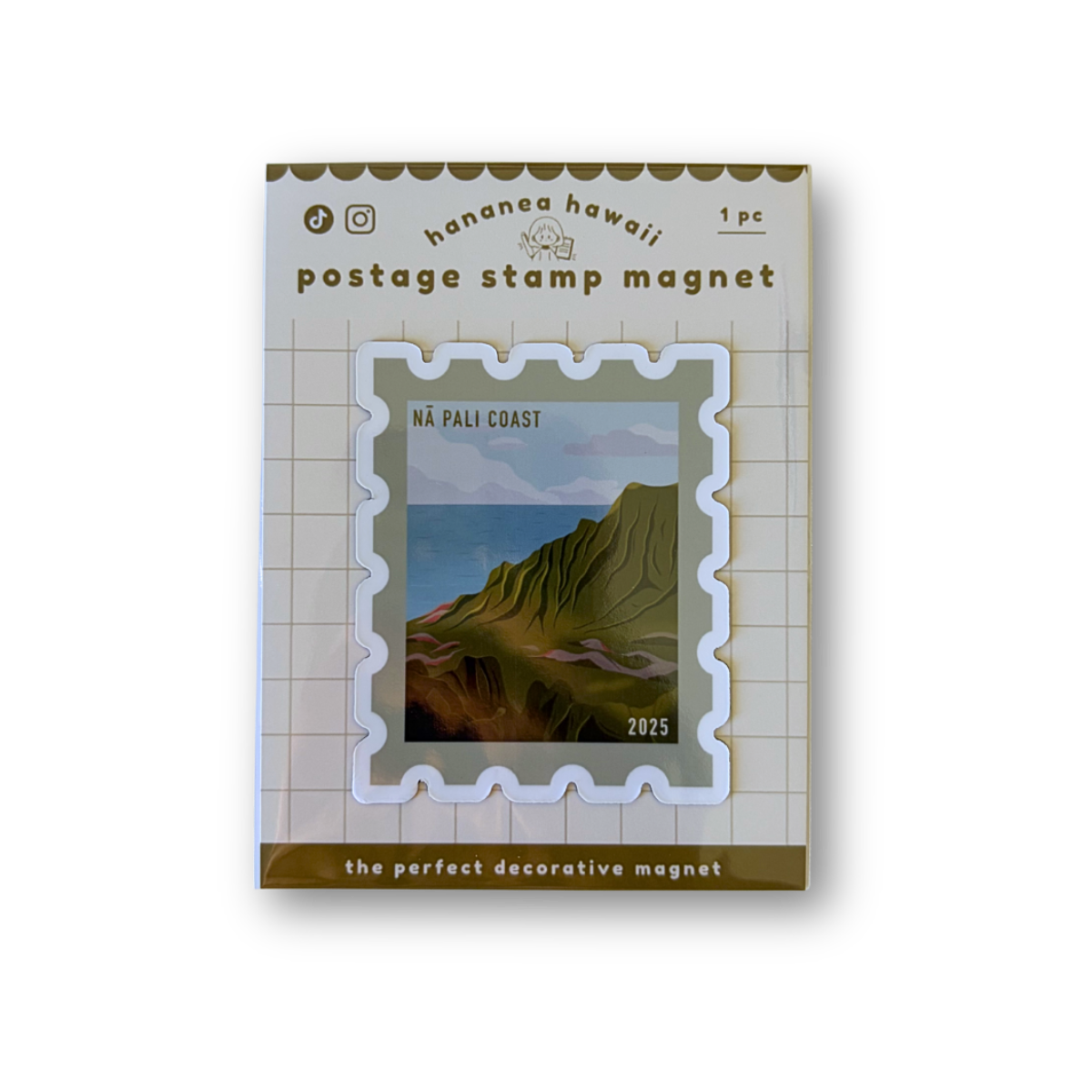 A postage stamp magnet product shown in its retail packaging on a white background. The package features a mountain landscape stamp design with a white scalloped border.