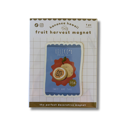 A packaged decorative fruit harvest magnet on a white background. The product features a blue central panel with illustrations of a passion fruit.