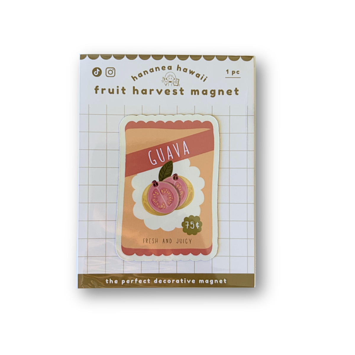A packaged decorative fruit magnet labeled 'guava' with a pink guava illustration shown on a plain white background.