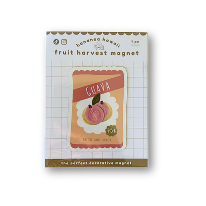 A packaged decorative fruit magnet labeled 'guava' with a pink guava illustration shown on a plain white background.