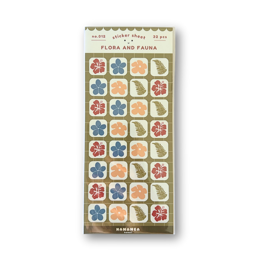 Sticker sheet with different flowers and fern.