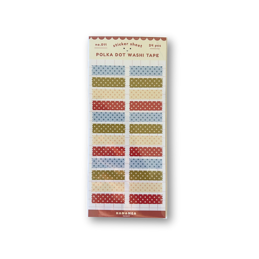 A package of washi tape featuring multiple horizontal strips with polka dot patterns in red, blue, green, and beige, shown on a plain white background.