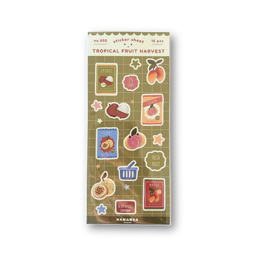 A package of 'Tropical Fruit Harvest' featuring various illustrated tropical fruits, stars, and labels on a beige and olive background.